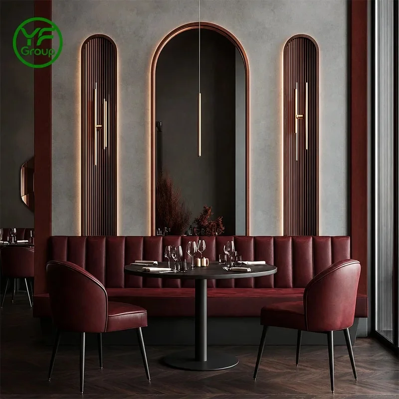 Luxury Half Circle Red Leather Commercial Hotel Restaurant and Marble Table Chair Set Booth Seating Restaurant Furniture