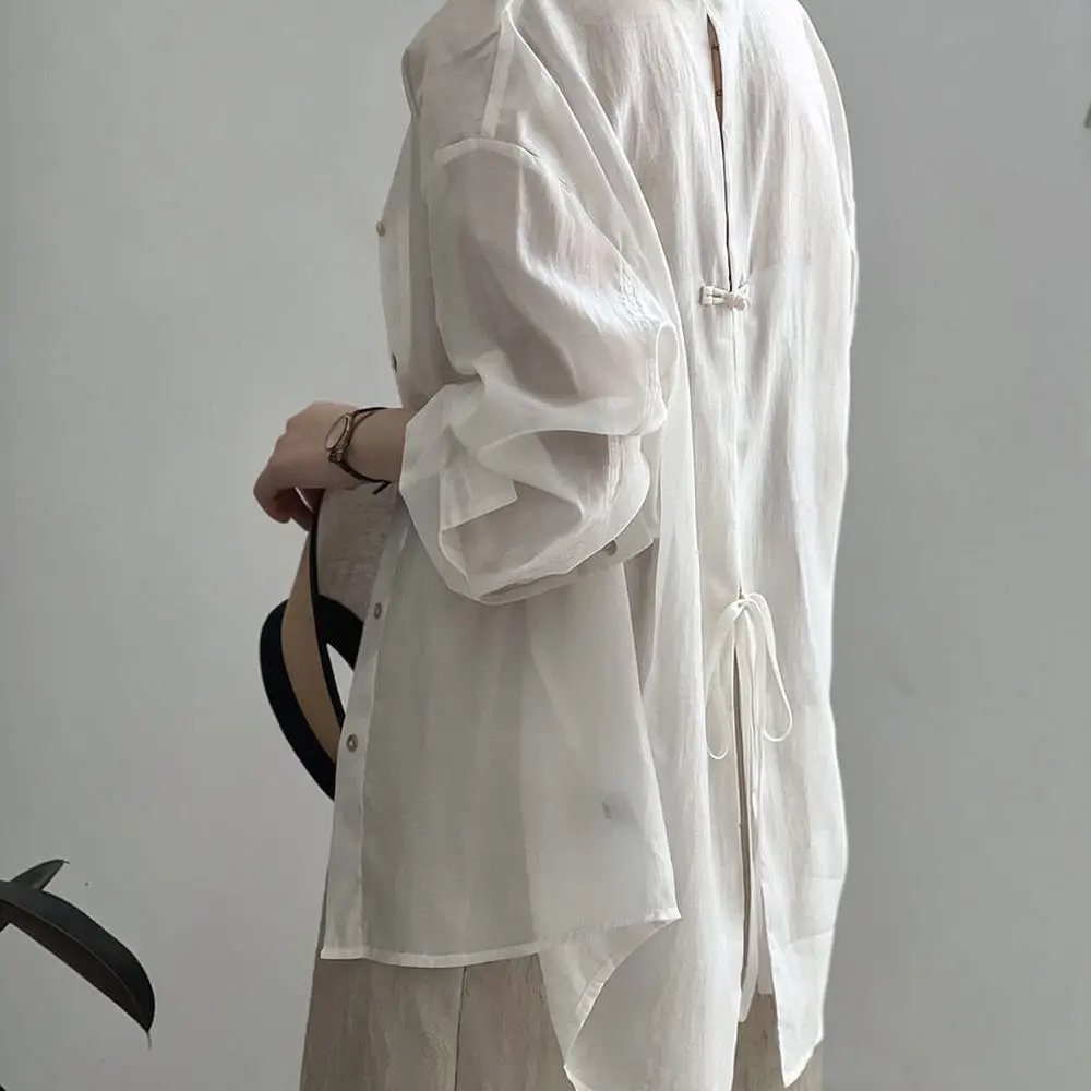 Minimalist Women Summer Shirt New Chinese Design Thin Breathable Sunscreen Top Loose Fit Casual Holiday Elegant Outwear