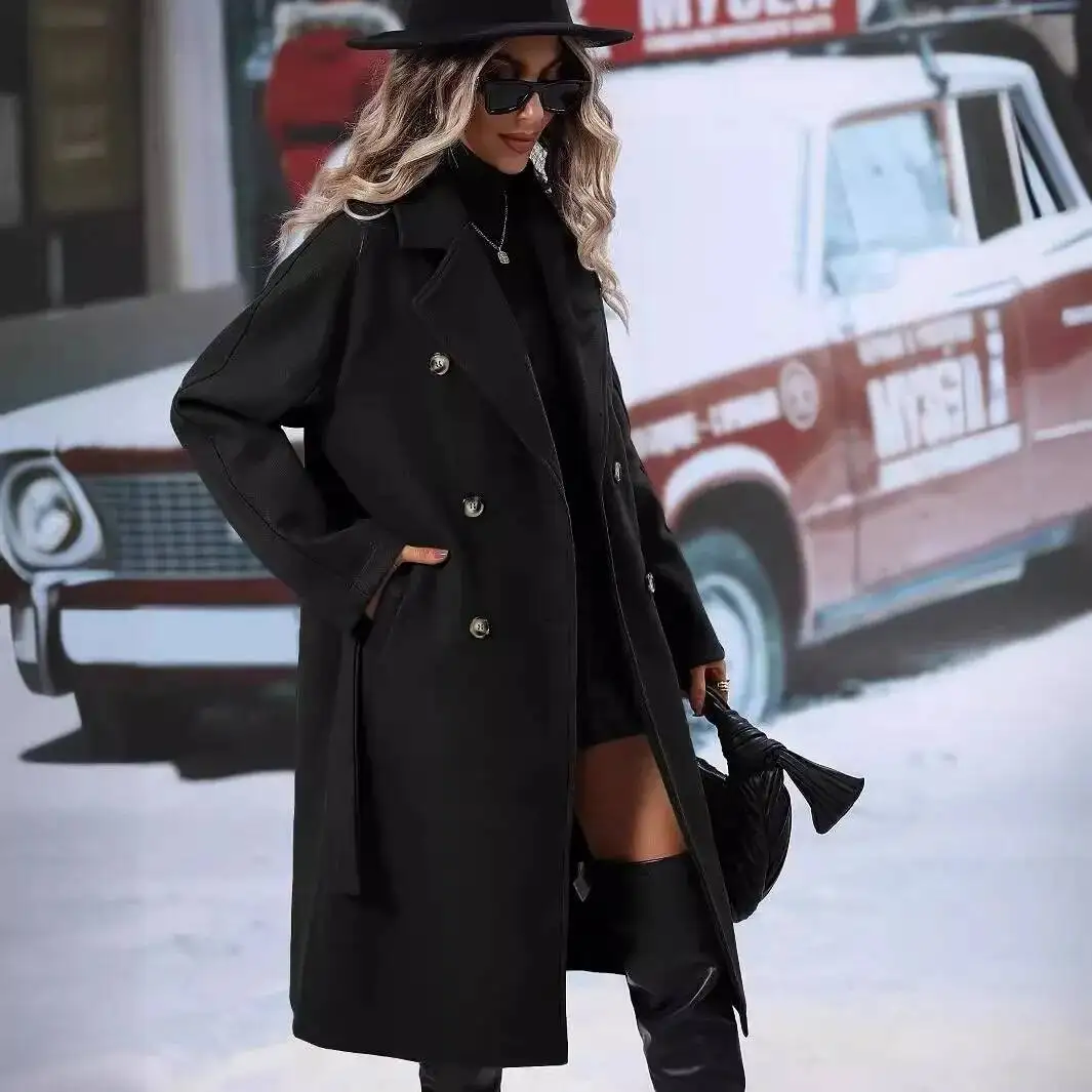 2026 Autumn Winter  Amazon Cross-Border European And American New Double Breasted Lace Up Woolen Coat Jacket For