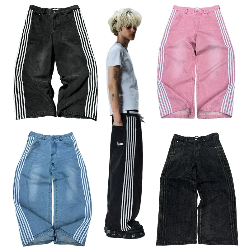 Y2K Baggy Jeans Men Women Simple Striped Embroidered Harajuku Sweatpants Hip Hop Streetwear Casual Retro Wide Leg Denim Pants