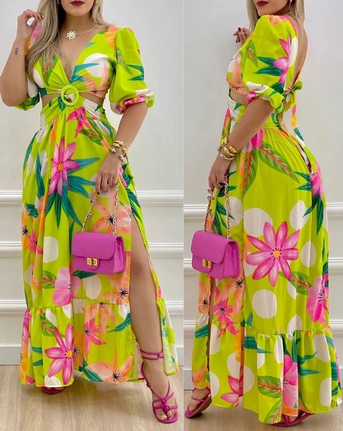 Womens Dress Elegant Casual Summer Floral Print O-Ring Twisted Cutout Tied Detail Puff Half Sleeve Split Thigh A Line Maxi Dress