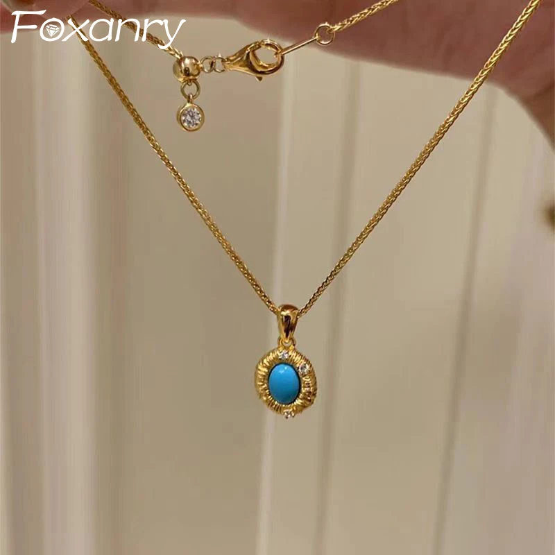 Foxanry Ellipse Natural Stone Necklaces For Women Vintage New Fashion Simple Elegant Clavicle Chain Engagement Jewelry Gifts