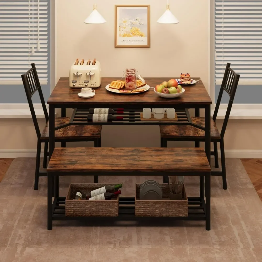 Mesas de jantar e cadeiras com banco de armazenamento, mesa de cozinha com cremalheira do vinho, mesa de jantar, marrom, 4