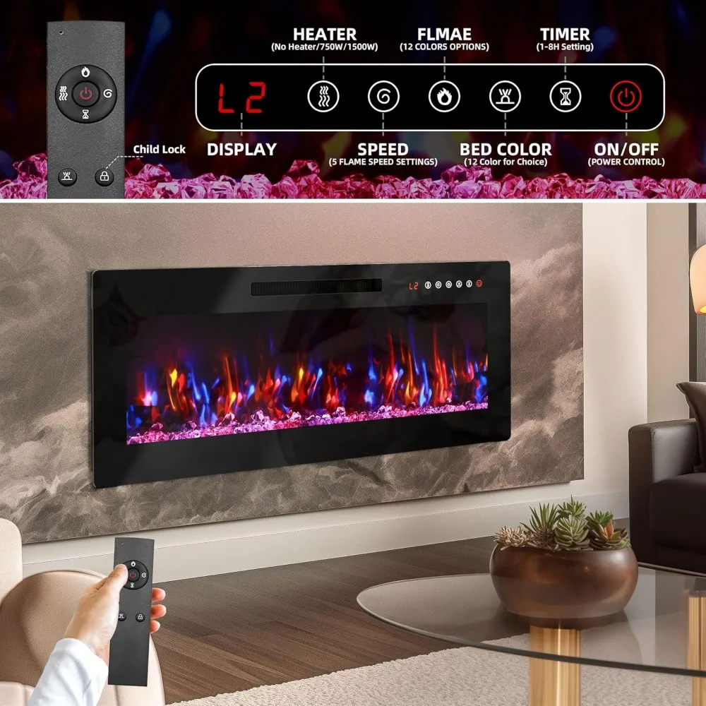 مدفأة كهربائية 36 وحدة حائط مجوفة مع جهاز تحكم عن بعد، 12 لون لهب، مثالية لحوامل التلفزيون وديكور المنزل #4