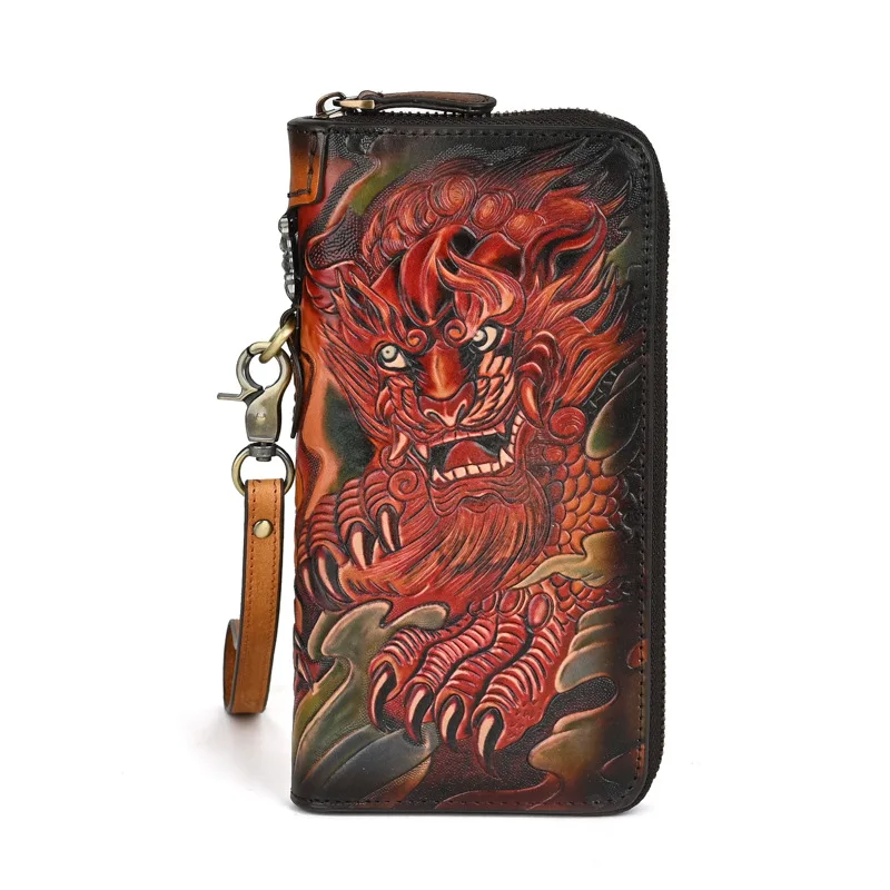 Chinese Mythical Beast Genuine leather Wallet Man or Woman Vintage Cow Leather Purse Big Cowhide Card Holder Clutch Bag