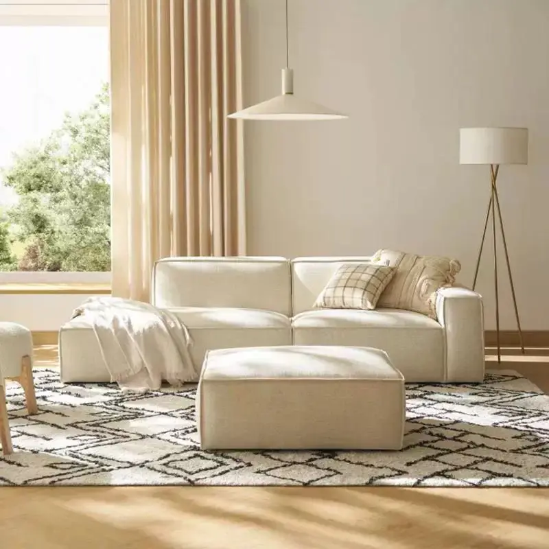 Italian minimalist cream wind tofu block cotton and linen fabric sofa straight row living room B & B chenille cat fleece sofa