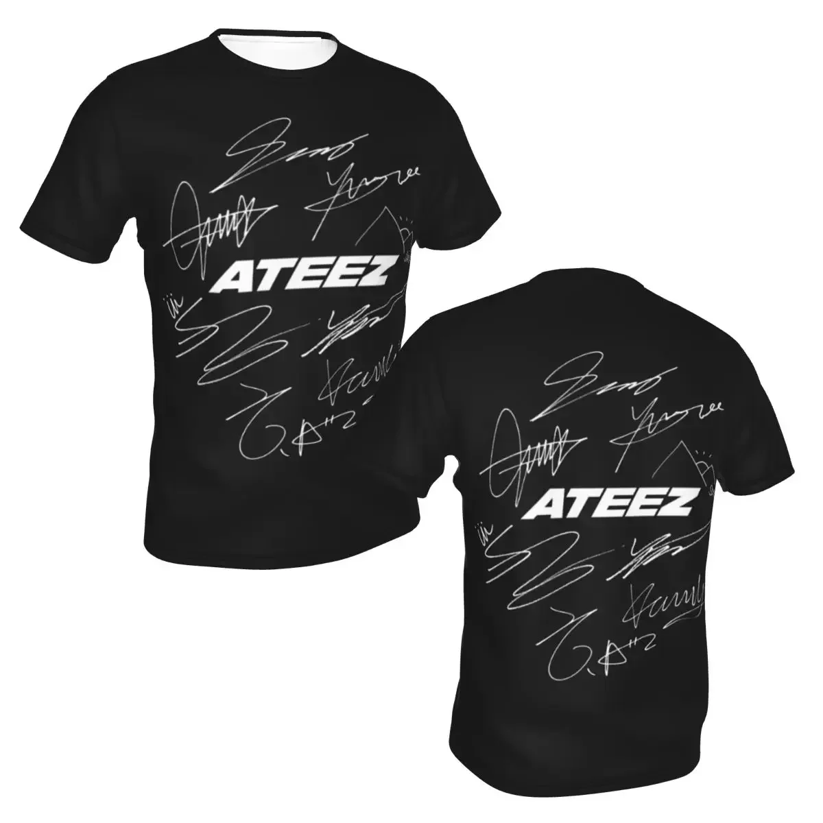 polyester ATEEZ - Logo + Autographs (black) T-Shirt Men's Fashion T Shirt Men Crew Neck Summer Shirts Tops