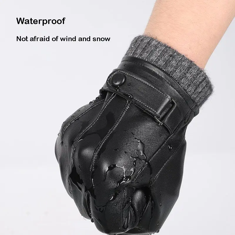 Winter Genuine Sheepskin Leather Gloves Men Warm velvet lined Full Finger Touchscreen Outdoor Cycling Driving Motorcycle Gloves