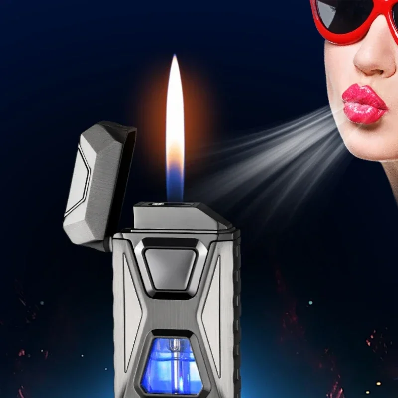 HOT Voice Controlled Ignition Dual Flame Butane Gas Lighter Open Fire Switching Jet Fire Visual Gas Window USB Electric Lighters