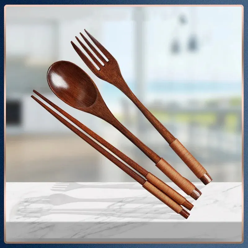 

1pc Wooden Chopsticks Fork Spoon Three-piece Set Twine Japanese-style Tableware Kitchen Home Chopsticks Fork Spoon Cutlery Set
