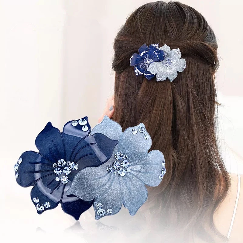 Korean Flower Crystal Spring Hairpin Rhinestone Pan Hair Horizontal Clip Elegant Women's Hair Accessories Hair Grip