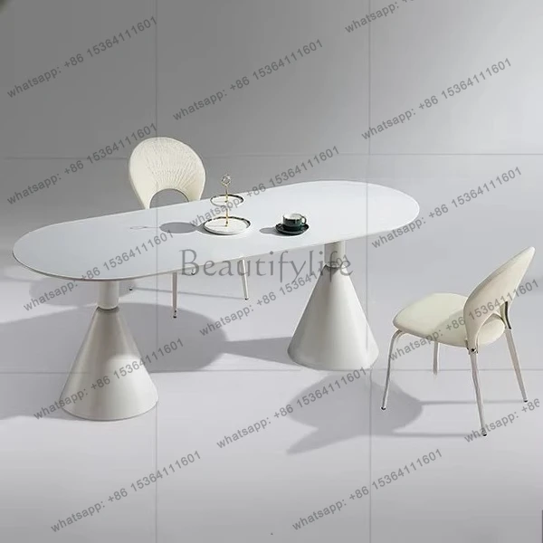

Light French Cream Wind Pure White Cream White Aluminum Alloy Pillar Slate Dining Table
