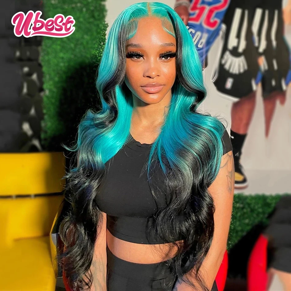 Ombre Turquoise Green 1b Colored 100％ Human Hair Body Wave 13X6 13x4 Transparent Lace Front Human Hair Wigs for Women 200Density