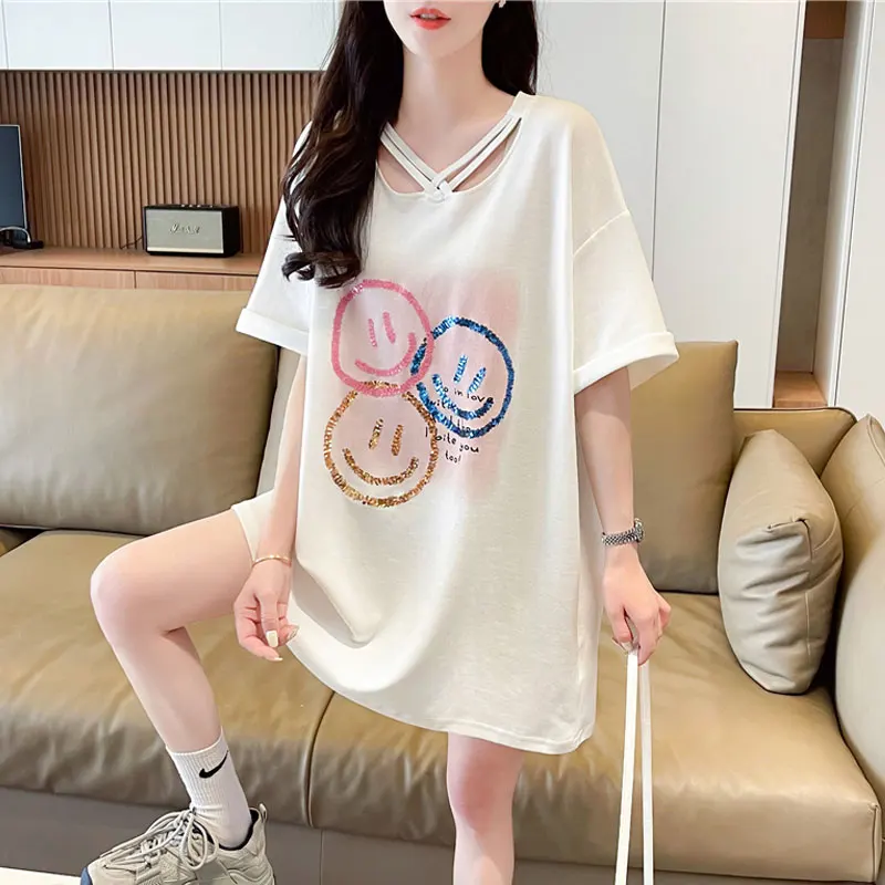 

plus Size Women's Glitter Short Sleeve T-Shirt Mid-Length Loose Fit Summer Fashion Korean Style Cotton Polyester Blend Top