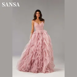 Sansa Elegant Edge Curl Prom Dress Nude Pink Vestidos De Noche Princess Spaghetti Strap Evening Dresses Puffy Party Dresses