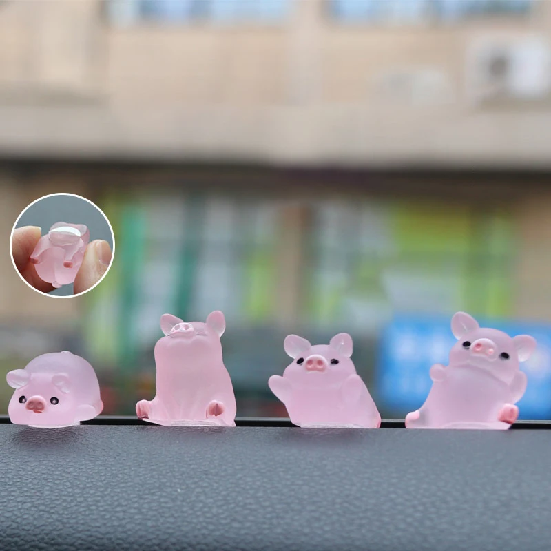 6pcs Luminous Mini Resin Pig Car Dashboard Toys Dolls Figures Home Garden Decoration Cartoon Color Pig Car Ornaments Gifts