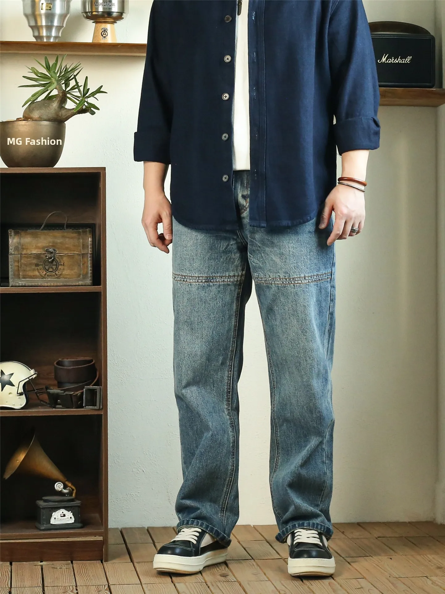 

Retro American Light Blue Waed Jeans Loose Straight Leg Trousers Men's Autumn Long Pants Splicing Thi Denim Cotton Casual...