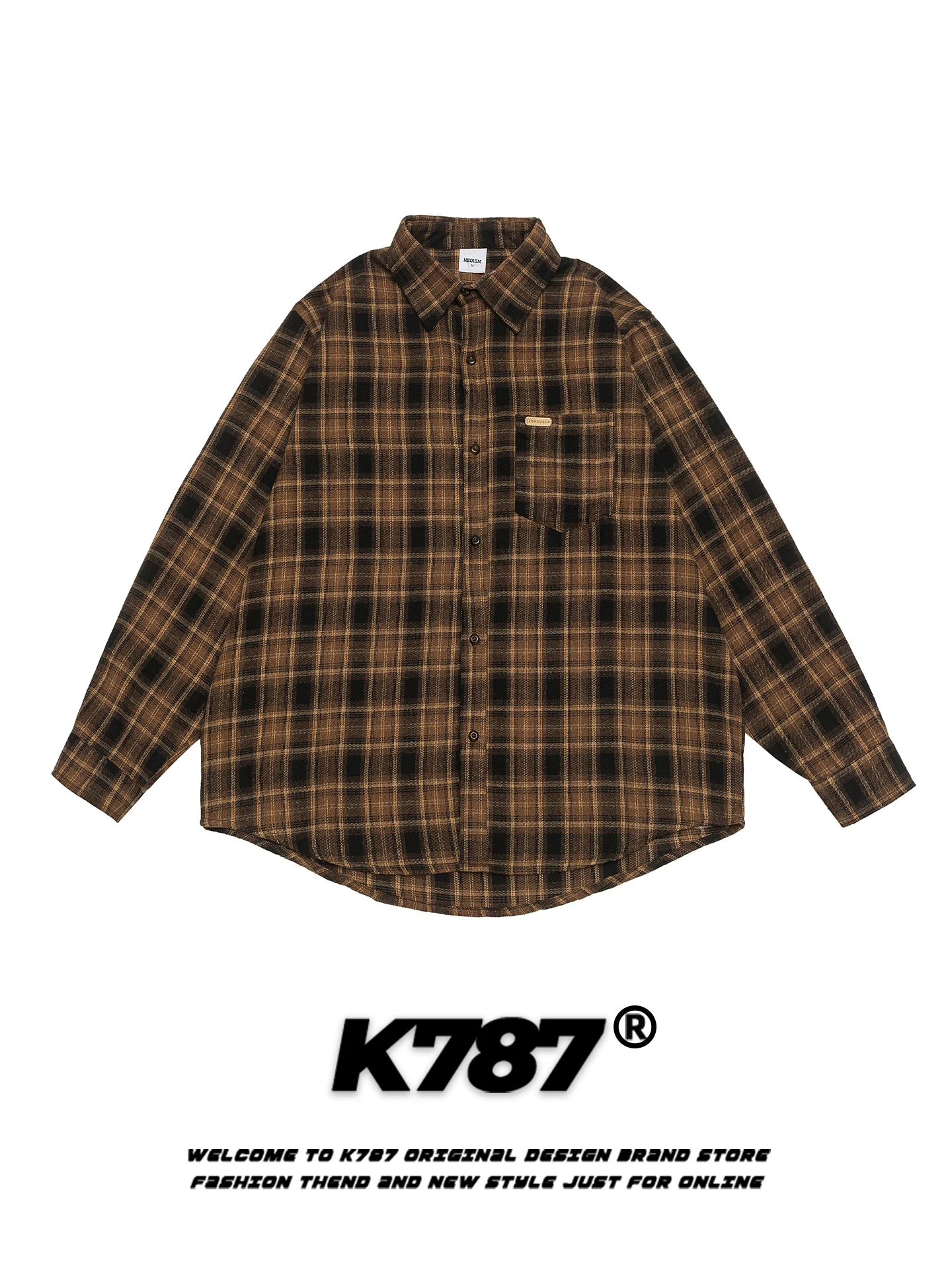 

K787 American Retro Plaid Splicing Long Sleeve Loose Casual Shirt Men's Spring Autumn Couple's Shirt Street Style Cotton Blend