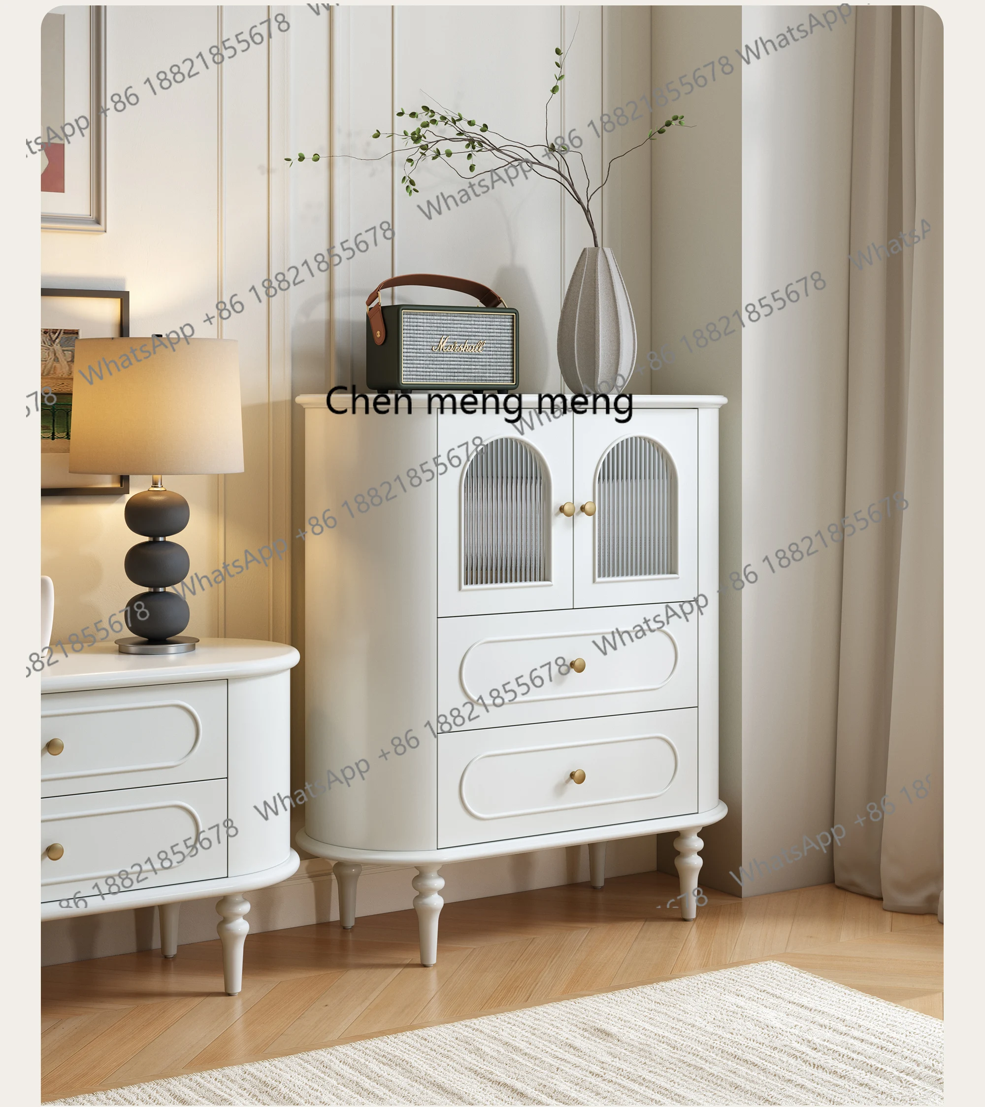 

French solid wood TV side cabinet living room sofa storage oval wine cabinet with glass door household