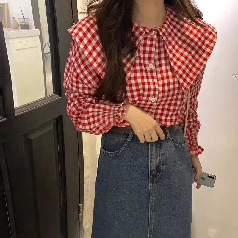 Lolita Plaid Shirt Long Sleeve Women Vintage Cotton Blouse Korean Fashion Preppy School Student Peter Pan Collar Tops Streetwear