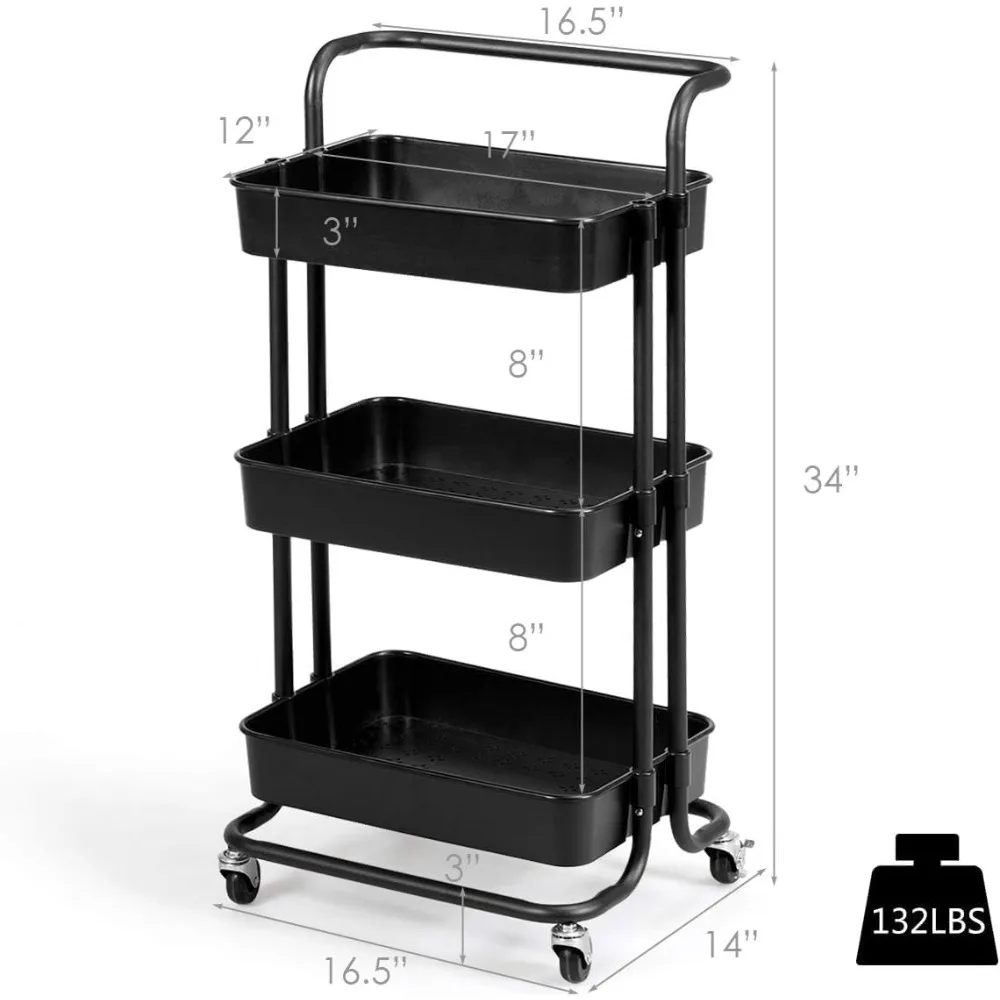 عربة أدوات دوارة من 3 طبقات مع عجلات قابلة للقفل، منظم تخزين متنقل لمكتب المطبخ والحمام، أسود #5