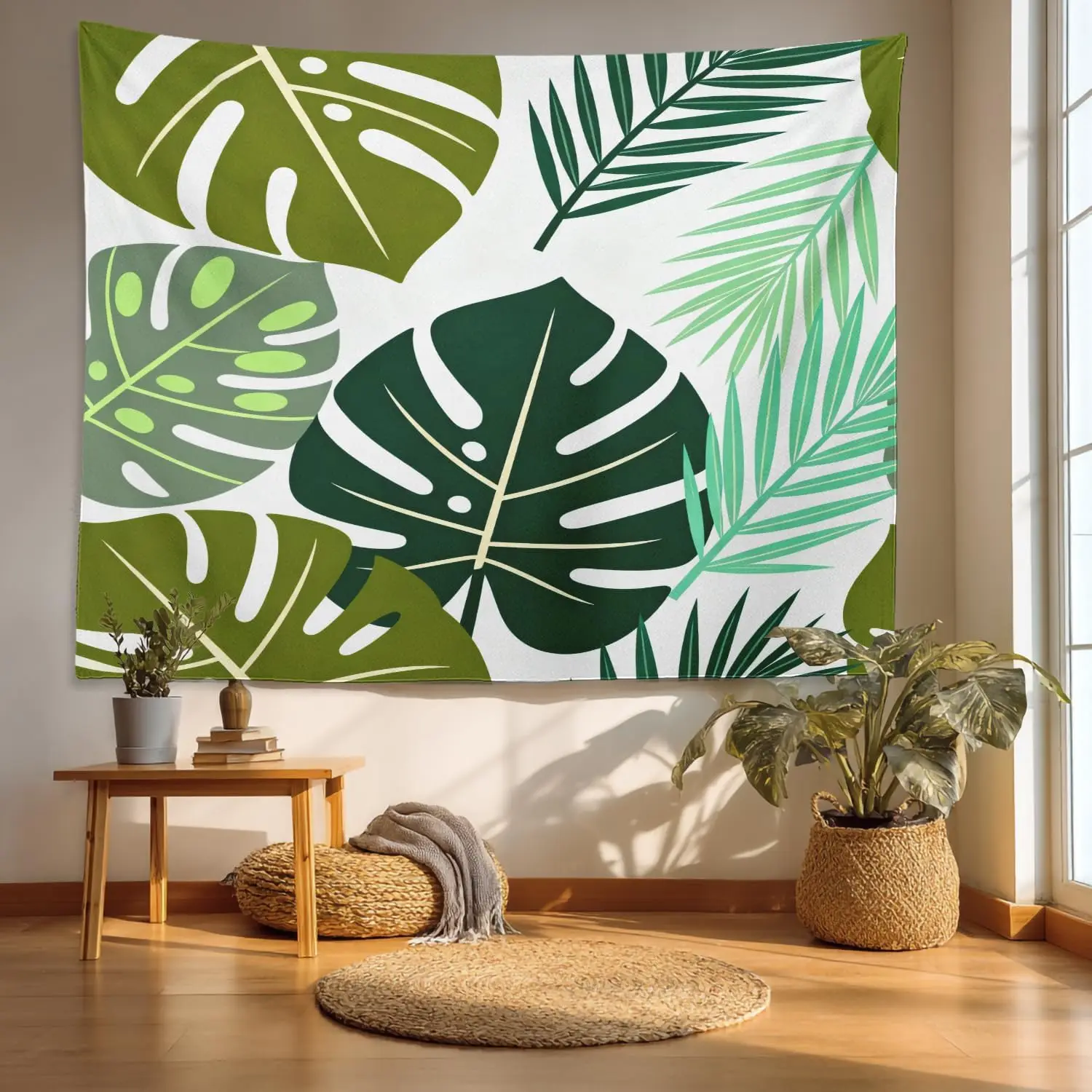 Tapiz de hojas tropicales verdes – Estampado de monstera y palma, arte de pared natural blanco para dormitorio, sala de estar, dormitorio universitario, 51.2 x 59.1 pulgadas