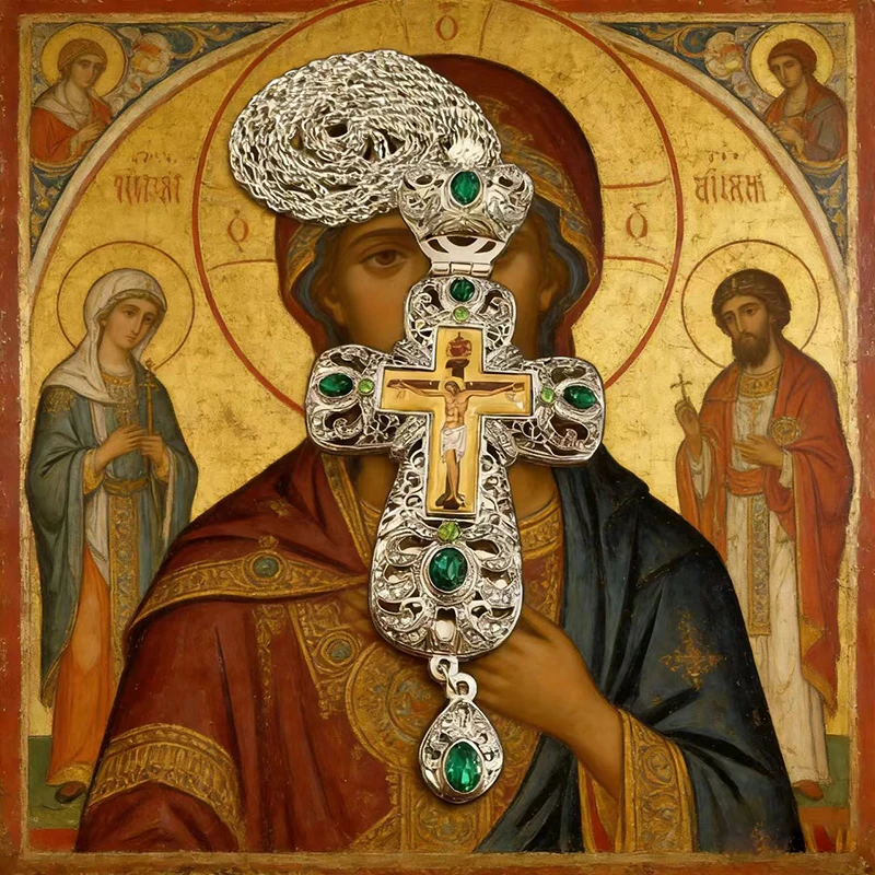 Neue 2026 Premium Zweifarbige Orthodoxe Kreuzkette mit Grünen Kristalldetails und Filigran-Verarbeitung für den täglichen spirituellen Gebrauch – Detail 10