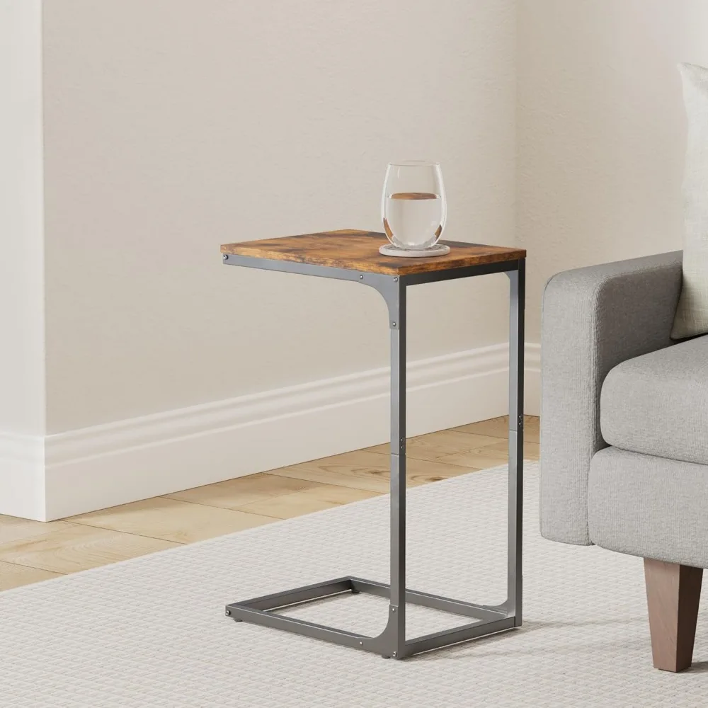 ชุดโต๊ะข้างรูปตัว C 2 ชิ้น โต๊ะข้างโซฟาทรงเพรียวบางพร้อมโครงโลหะสำหรับห้องนั่งเล่นและห้องนอนในสีน้ำตาลชนบท