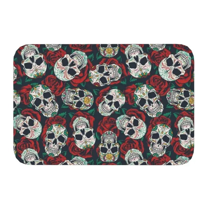 Roses Floral Death Skull Floor Door Bath Kitchen Mats Anti-Slip Gothic Skeleton Doormat Garden Living Room Entrance Rug Carpet