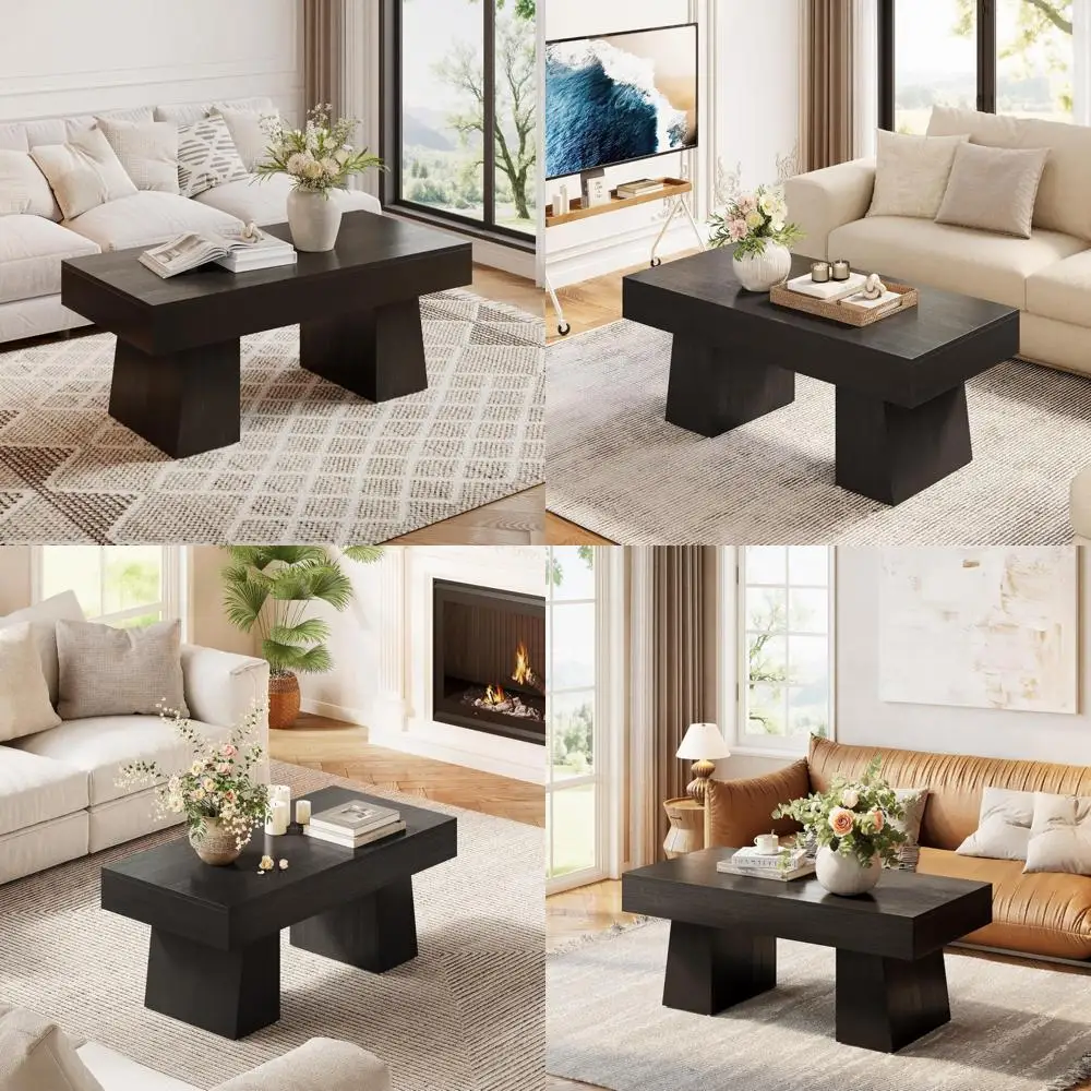 

Прямоугольный деревянный журнальный столик, центральный столик с акцентом 47 дюймов и толстым основанием, современный низкий коктейльный и чайный столик