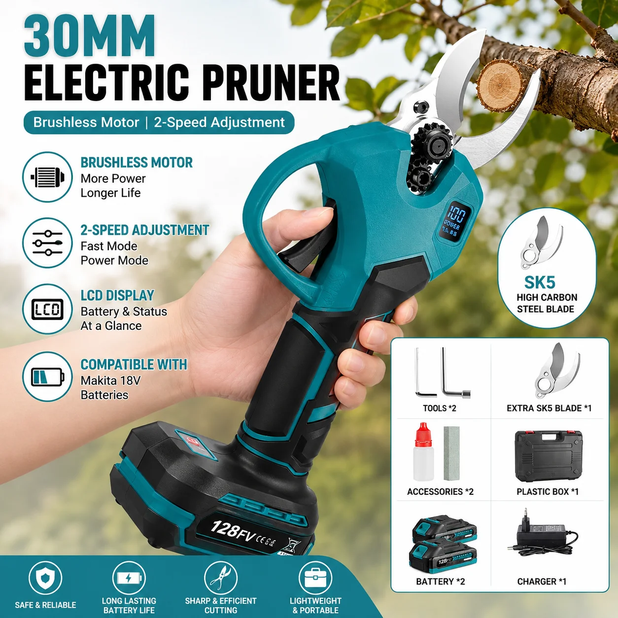 2-Gang 30mm Bürstenloser Elektrischer Astschneider mit Digitalanzeige, Wiederaufladbares Obstbaum- & Bonsai-Schneidewerkzeug, Kompatibel mit Makita 18V Lithium-Akkus