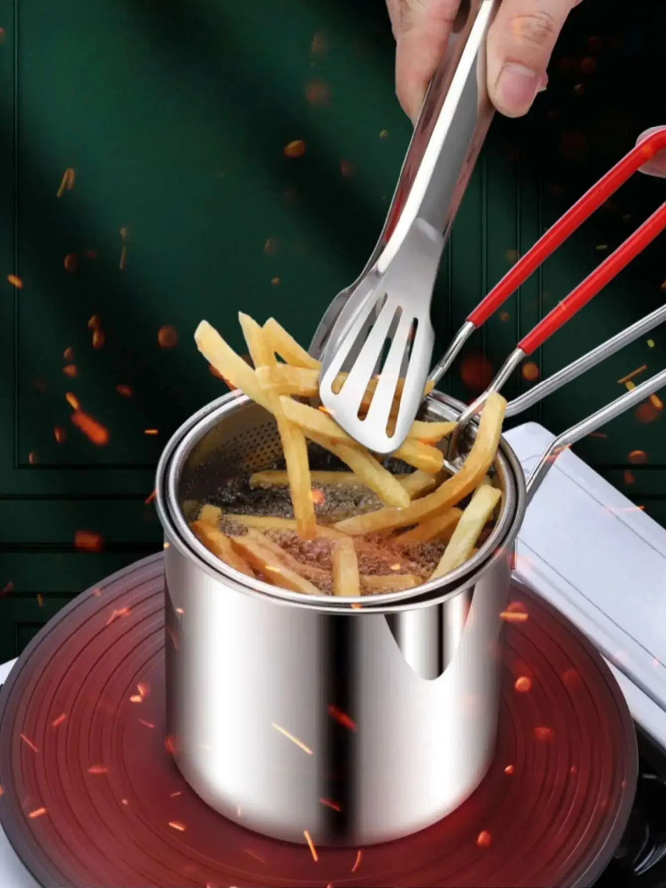 Support de filtre pour friteuse compacte en acier inoxydable, essentiel pour la cuisine à domicile, chips croustillants, poisson, ustensiles de cuisine faciles à utiliser