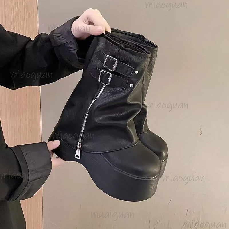Sapatos de plataforma feminina sola grossa tiras de fivela estilo rua branco preto salto alto meados de bezerro botas deslizamento no tamanho 35-40 botas mujer