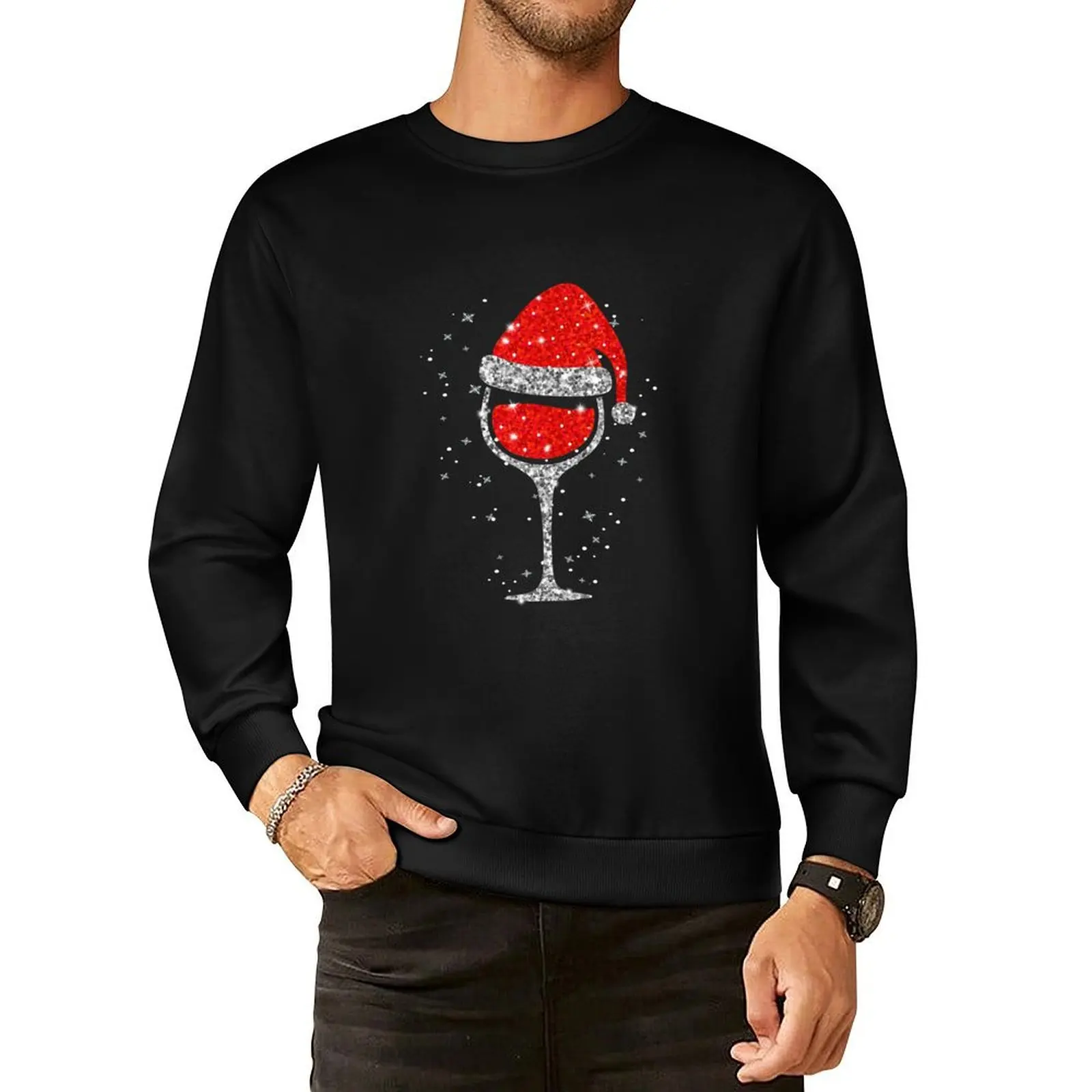 

Christmas Wine Glass Snowflakes Santa Hat Red Wine Pullover Hoodie clothes for men graphic t shirts men winter man sweatshirt