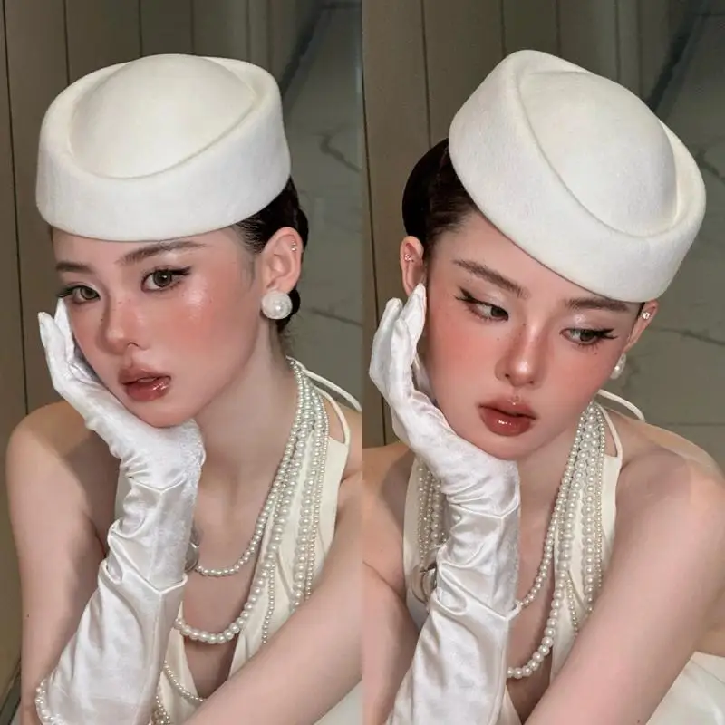 1Pcs Beret Hat Caps Airline Stewardess Flight Attendant Vintage Hat Black Flat Top Hat French Style Beret