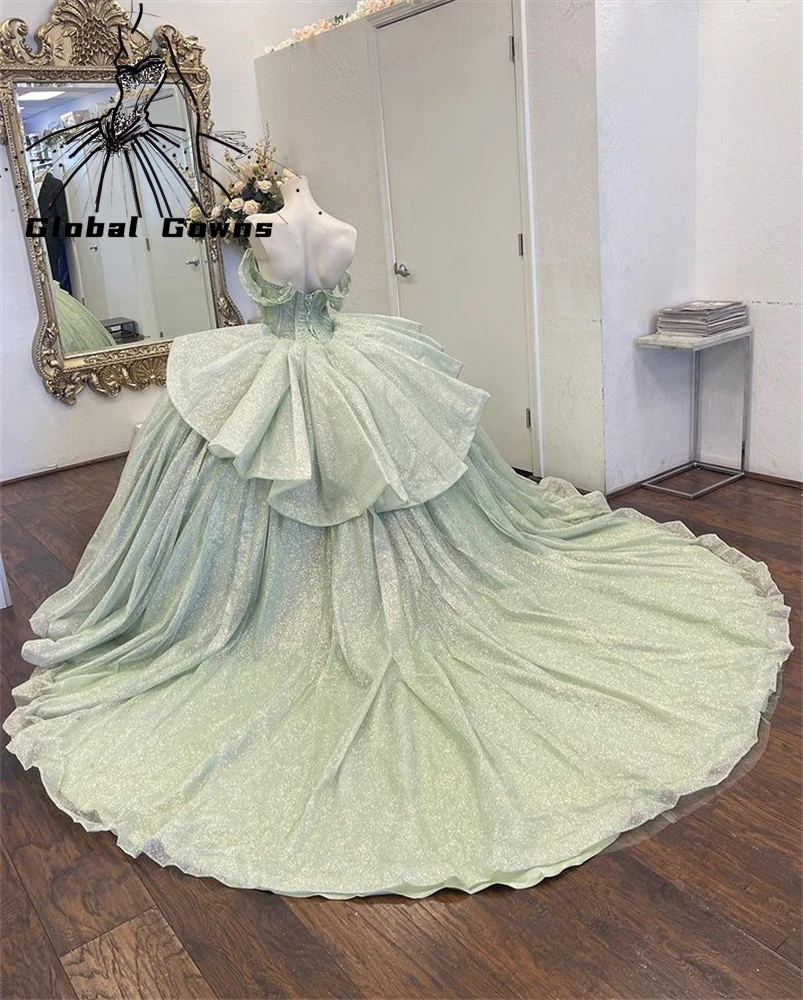 Vestido de baile de cristal, doce princesa Quinceanera vestidos, ombro, verde menta, novo design, 2023, 15, 16