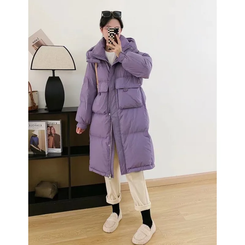 

Winter White Duck Down Jacket Women Korea Sweet Candy Color Fresh Fashion Casual Knee Length Loose Slim Hooded Thickened Parka