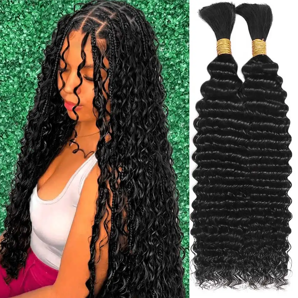2 Bundles Human Braiding Hair for Boho Braids 14Inch 100G 10A Brazilian Virgin Deep Wave Bulk Human Hair for Braiding