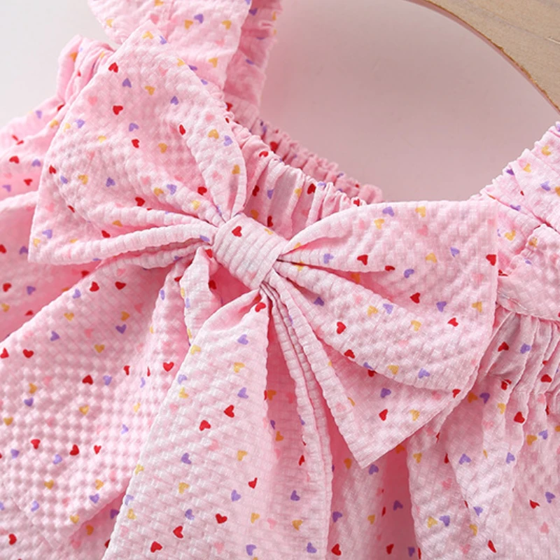 (0-3 Years Old) Girl Infant Set Summer Colorful Dot Flying Sleeve Top Short Sleeve Set For Kids Girl Girl Cute Bow Beach Two Pie