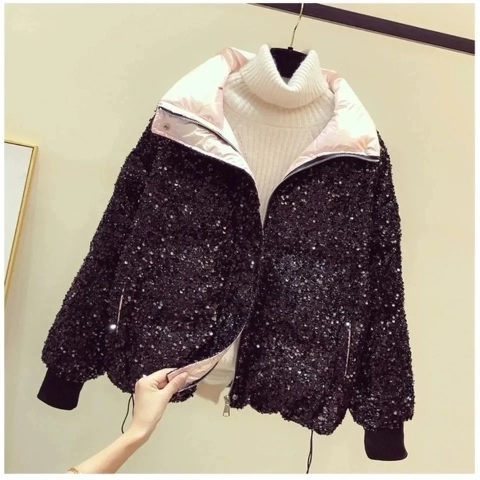 Pop Sequin Heavy Lndustry Down Cotton-Padded Jacket Women's Winter Korean Loose Collar Short Bread Cotton-Padded Jacket Coat