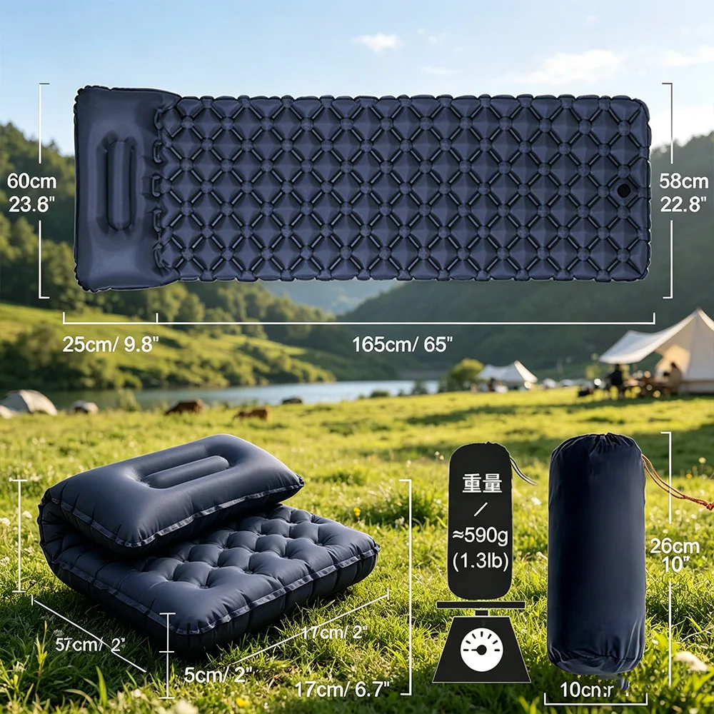 Waterproof Inflatable Camping Mattress, Foot Press Quick Fill Sleeping Pad with Pillow for Tent Camp