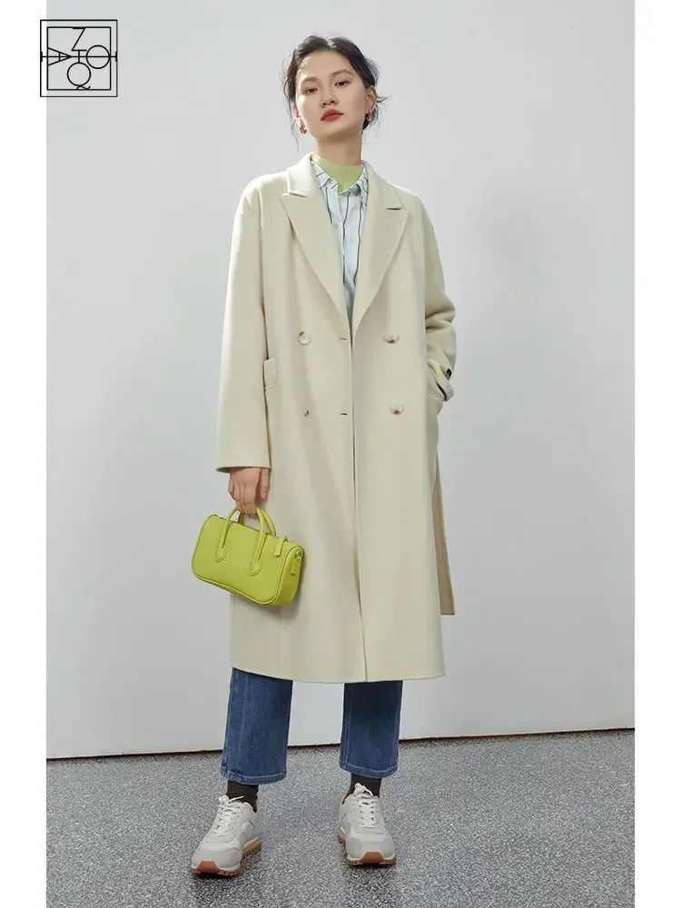 ZIQIAO Hepburn High-end Double-sided Cashmere Coat Women Mid-length 2022 New Office Lady Commuter Woolen Long Coat Female