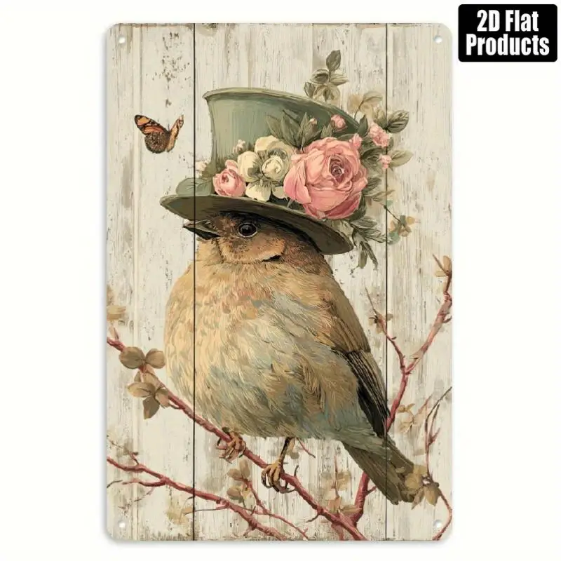 2D Flaches Vintage-Vogel-Metallschild mit Blumenmotiv, Zylinderhut und Rosen, Eisenwandkunst, Rustikale Dekoration für Zuhause, Bar, Café, Garage, Garten