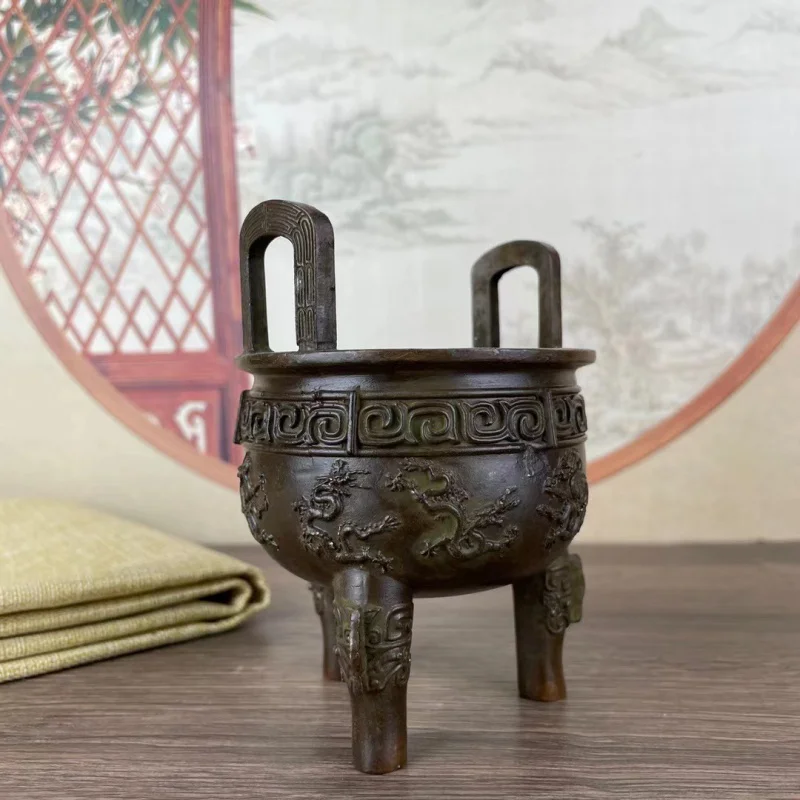 Antique Bronze Tripod Decoration Three-Legged Three-Legged Jiulong Tripod Incense Burner Binaural Relief Back Pattern Worship Ol