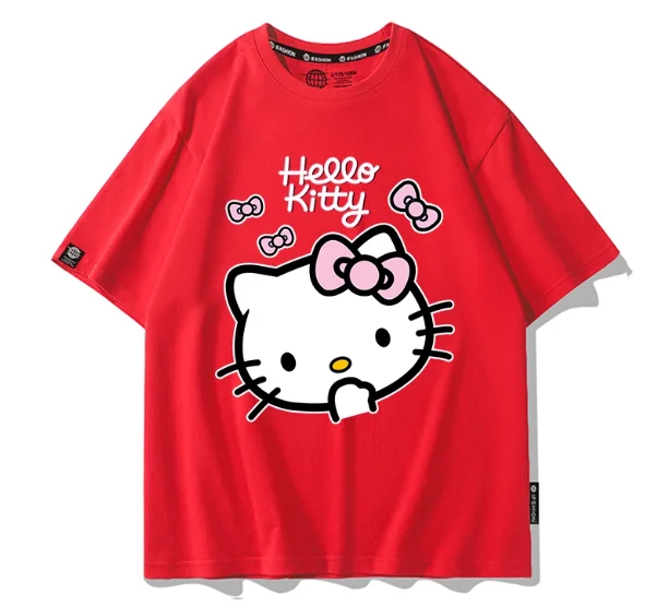 MINISO 헬로 키티 프린트 티셔츠 루즈 캐주얼 반소매 라운드 넥 티셔츠 여성 남성 커플 다목적 인기 의류