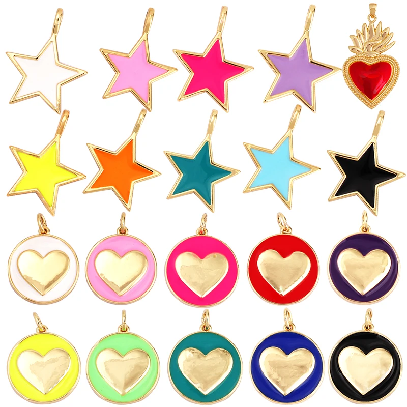 Star Coin Heart Enamel Charm Neon Pink Orange Turquoise Blue Oil Dropped,Real Gold Plated ,Necklace Bracelet Pendant L19 M81