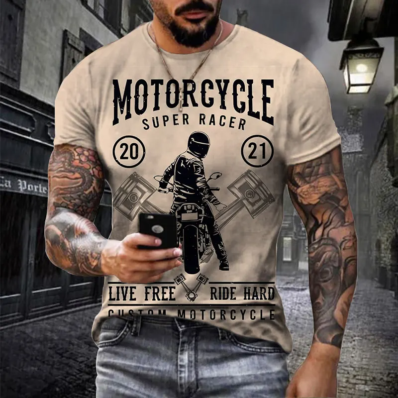 Retro Motorcycle Graphic Men's T-shirt Casual Beige Men's Short Sleeve Loose Pullover Top Soft Polyester Clothing Extra Large