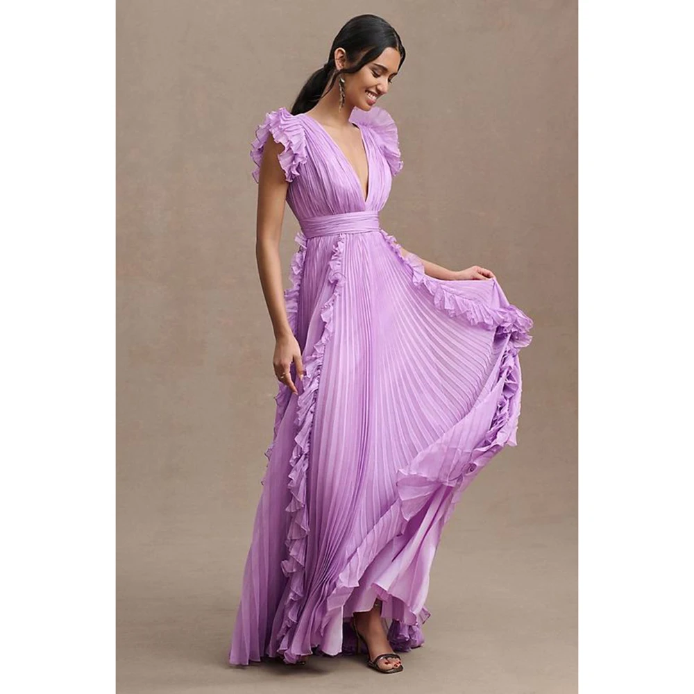 Elegant Pretty Purple Women Prom Dresses V-Neck Short Sleeves Floor Length A-Line Fashion Chic Female Party Banquet Gowns