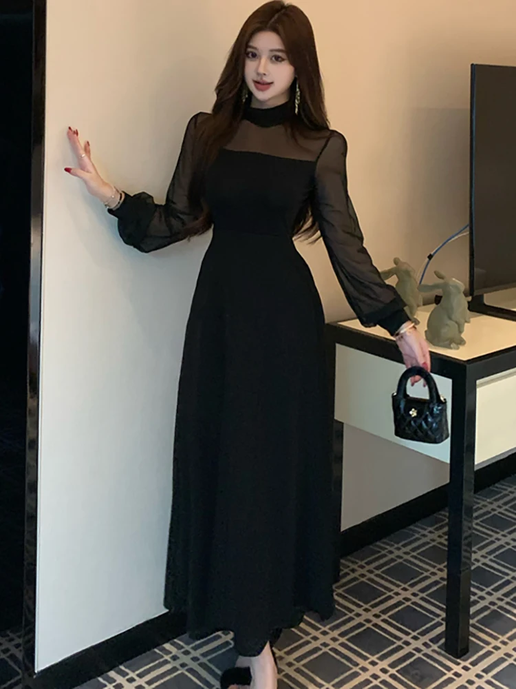 Vestido largo Sexy transparente de malla con parches negros para mujer, vestido de noche Vintage Hepburn 2025, vestido de fiesta ajustado coreano para Otoño e Invierno