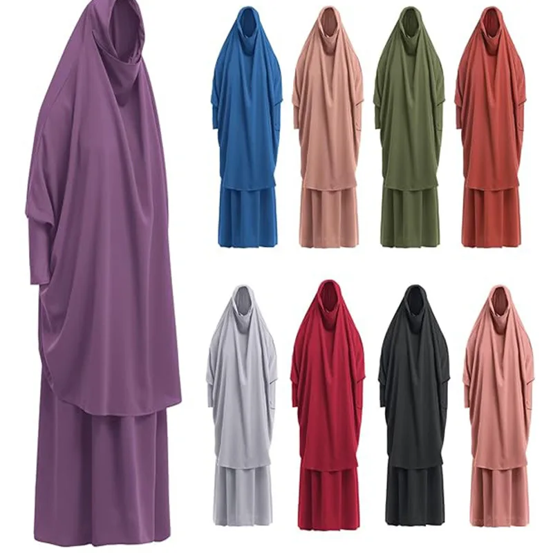 

Women Muslim 2 PC Set Solid Color Plus Long Sleeve Thobe One-size Longuette Overall Abaya Thobe with Hoodied Hijab